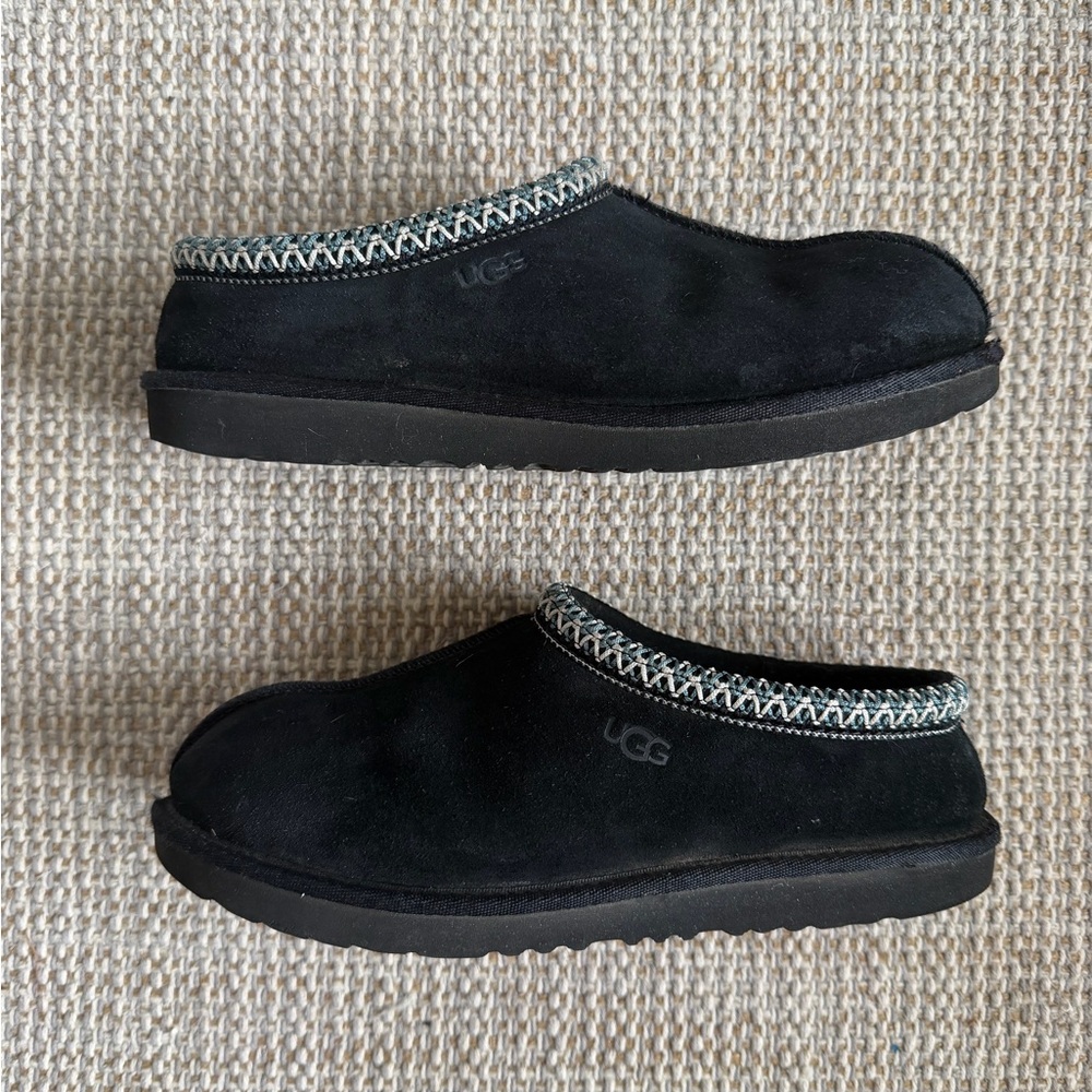 UGG Tasman Black Suede Clogs with Patterned Trim